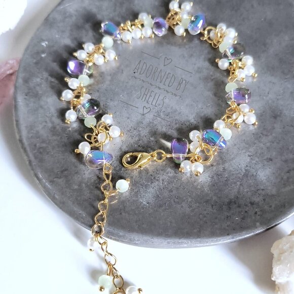 Charms Beaded Bracelet, Blue Mint Green Teardrop Crystals & Pearls Gold Jewelry - Picture 8 of 11